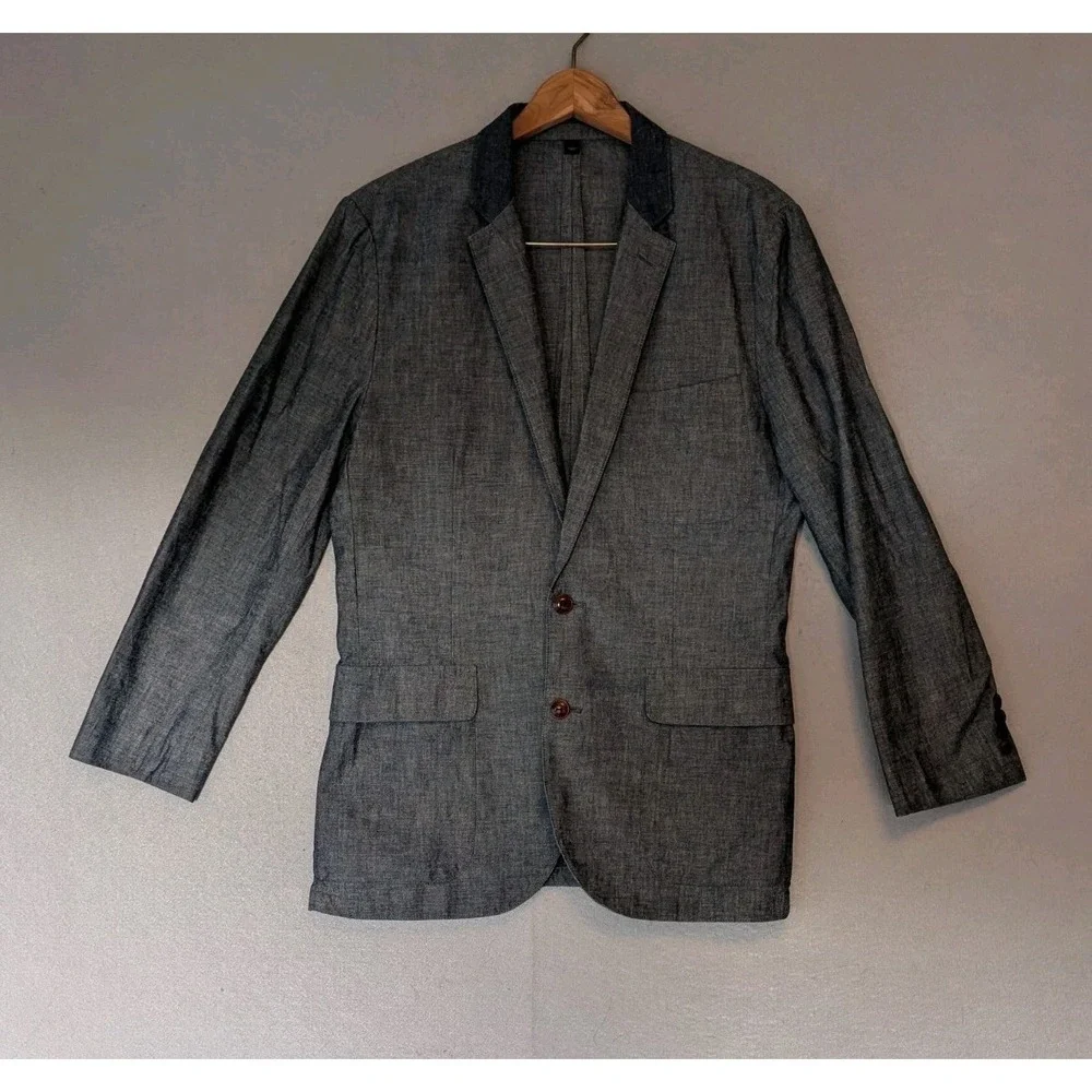 J.CREW Ludlow Navy Blue‎ Grey Chambray Blazer Cotton Unstructured Men Small 38R